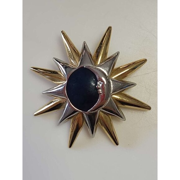 Liz Claiborne Celestial Sun Moon Brooch Sunburst Gold Silver Tone - Picture 2 of 9